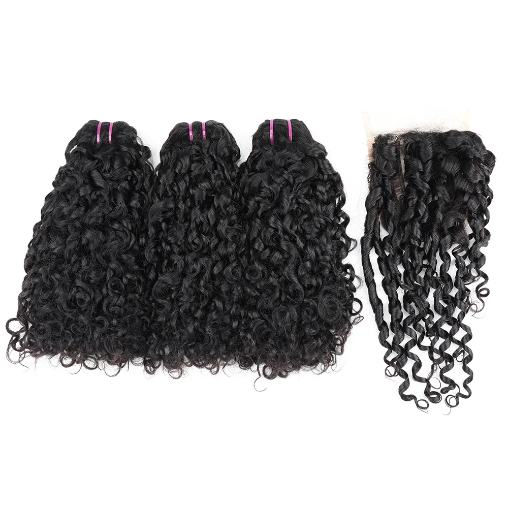 Braziliaanse Double Draw Hair Weave Pixie Krullen Bundels Met Sluiting Remy Kinky Krullend Mensenhaar 3 Bundel En 4X4 Kanten Sluiting 300G