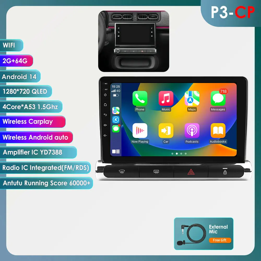 Hizpo 2 Din Autoradio voor C3 Aircross 2017-2023 C4 Audio Multimedia Speler CarPlay Android Auto GPS BT WIFI FM RDS Autoradio AI - afbeelding 1