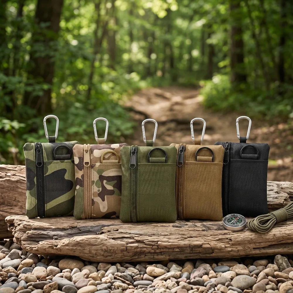 Camo Mini Molle Tactical Pouch Waterproof Oxford Zipper Key Wallet Portable Card Coin Bag with Carabiner Outdoor EDC Gear