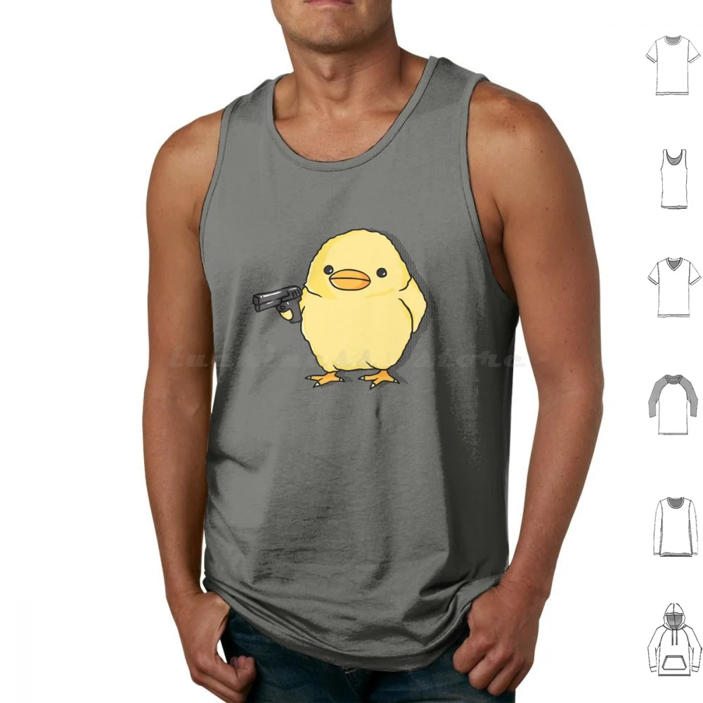 Camisetas sin mangas con estampado de pollito amarillo con pistola, chaleco sin mangas, diseño de pollo, pollito enojado, humor, pollito lindo, pájaro, muy lindo, pistola, Kawaii, lindo