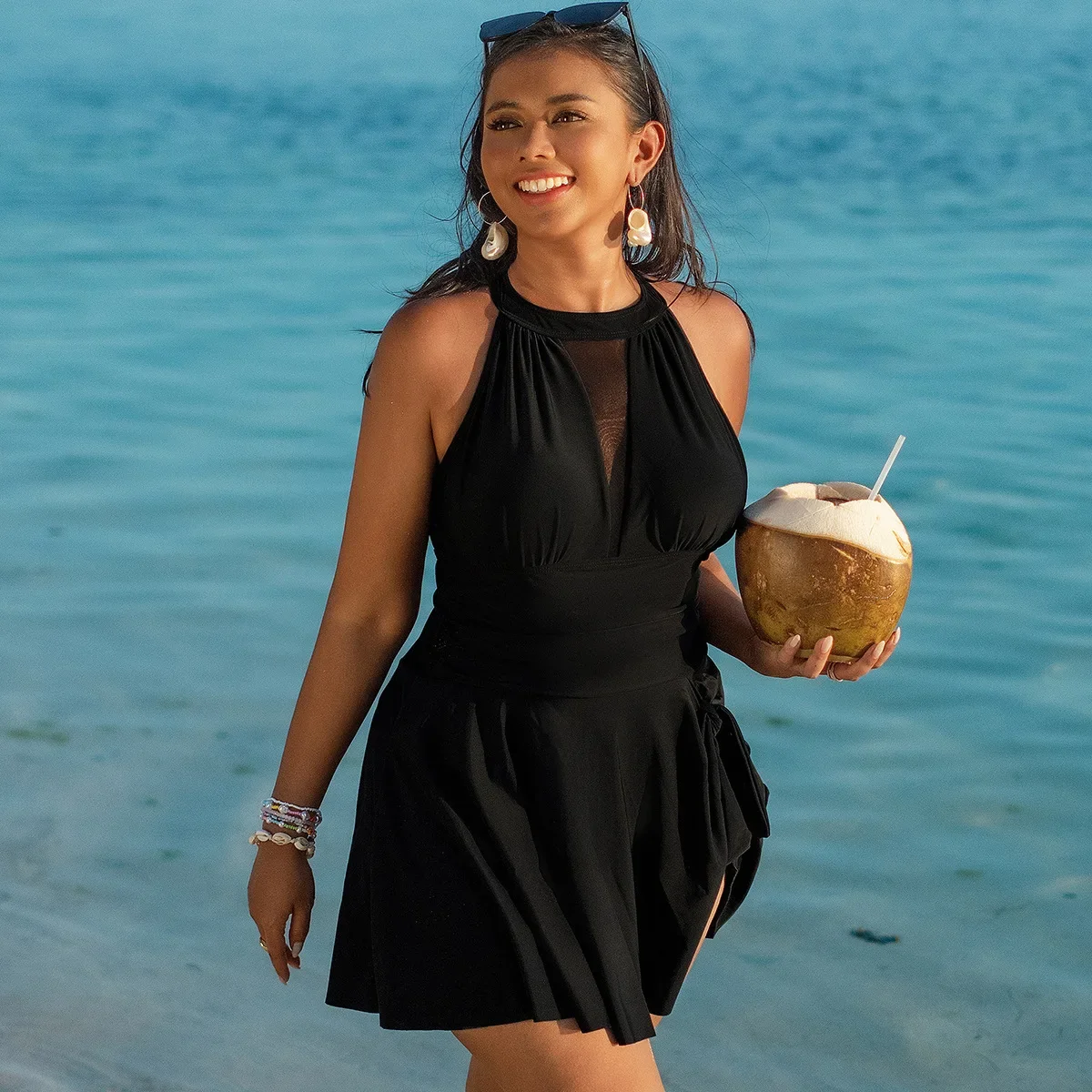 

2025 New Oversize Bikini for Women Pure Black Mesh Patchwork Dress One Piece Swimsuit Halter Backless Beach Vacation Swimwear