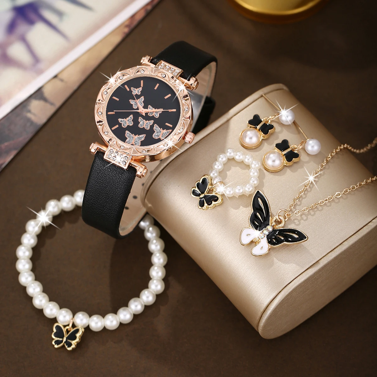 6pcs women\'s casual and versatile trendy college style diamond butterfly dial quartz watch