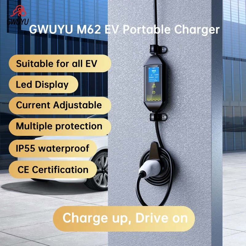 EV Portable Charger GWUYU M62 Type 2 IEC62196-2 7KW 32A 220V 2.8 Inch Led Screen for Electric Vehicle Car WallBox Travel Charger