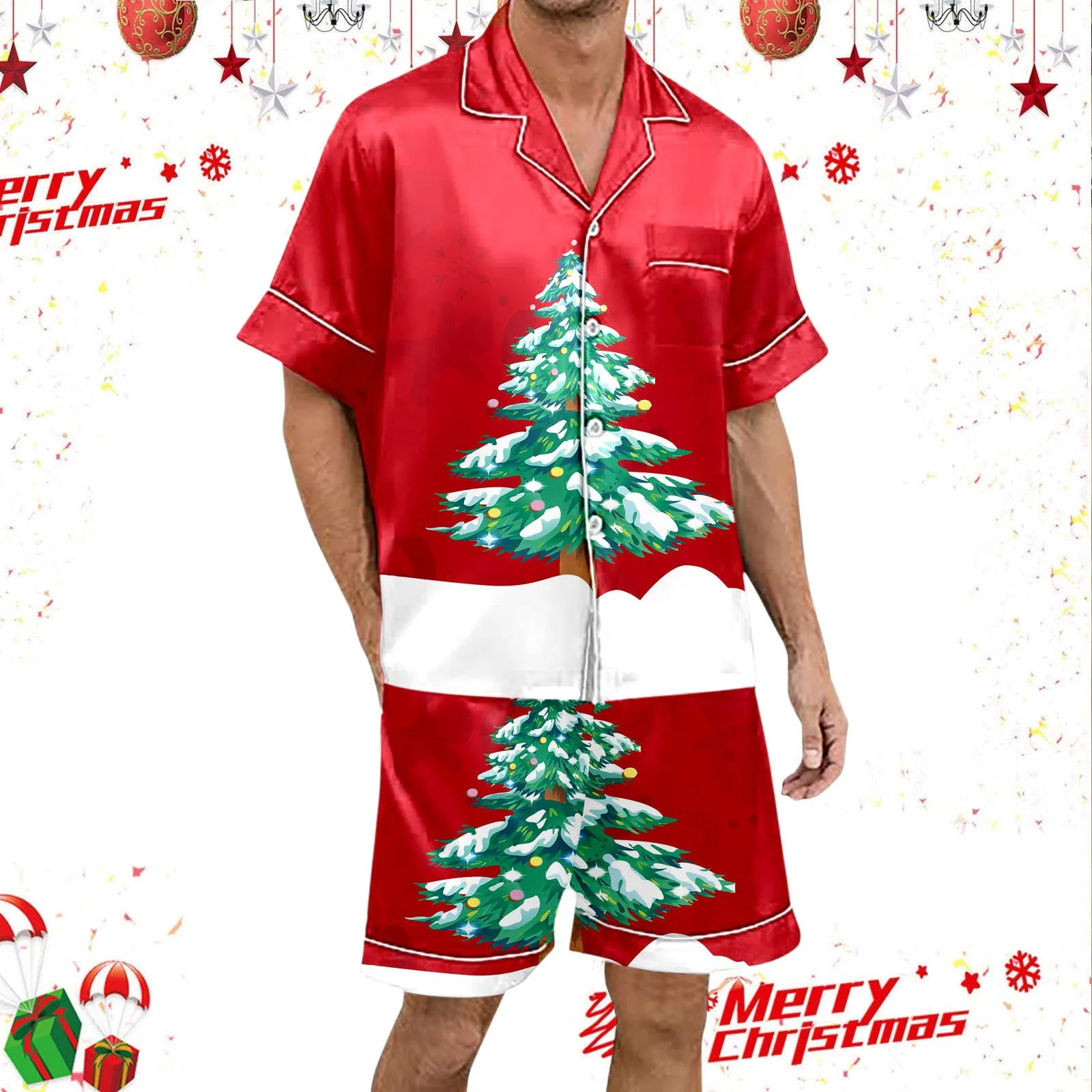 Men\'s Pajamas Lounge Set Christmas Print Silk Satin Sleepwear Button Down Short Sleeve Top & Shorts Pyjama Xmas Home Clothing