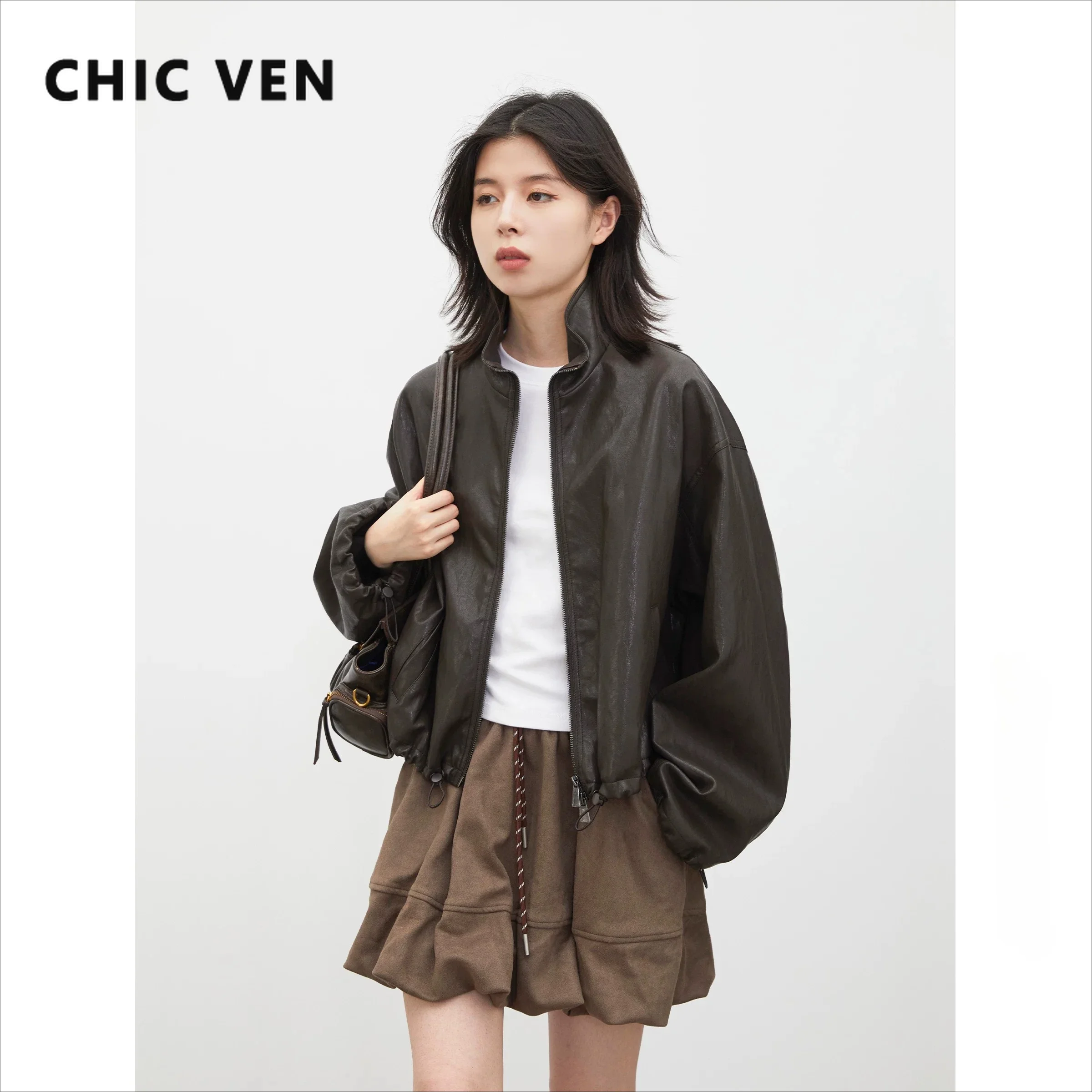 CHIC VEN Women's PU Jackets Fashion Vintage Stand Up Collar Drawstring Faux Leather Coats Female Clothes Spring Autumn New 2026