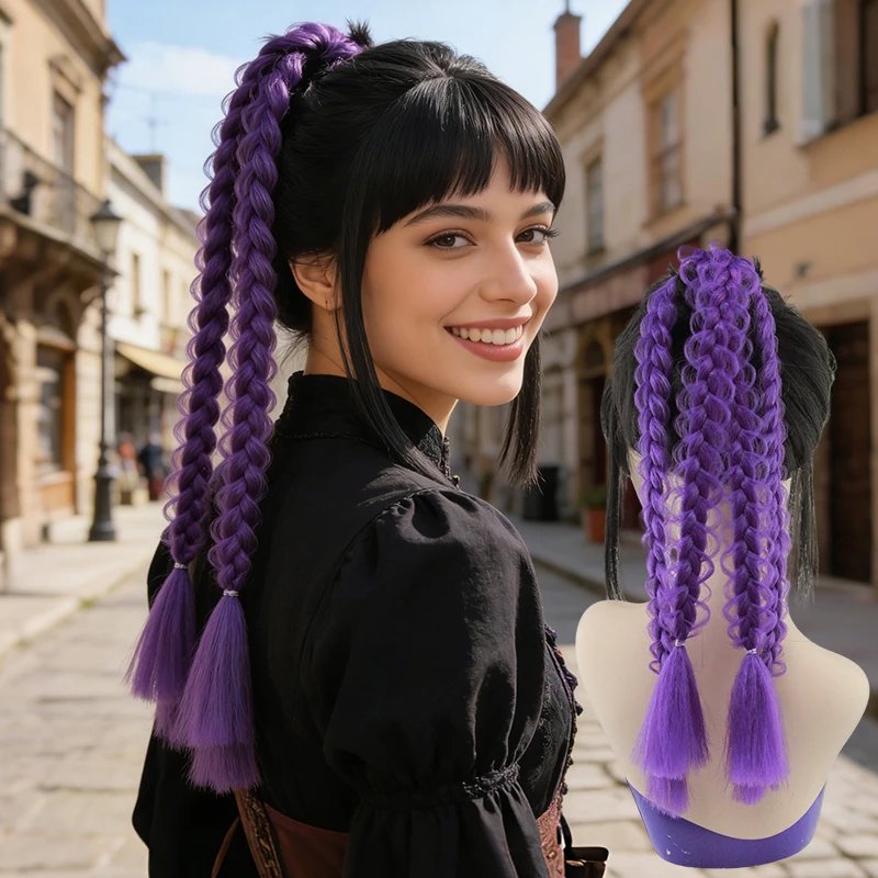 Image of Lila Geflochtene Pferdeschwanz-Haarverlängerungen, Bubble Braid Synthetisches Haar mit Quasten für Cosplay und Partys