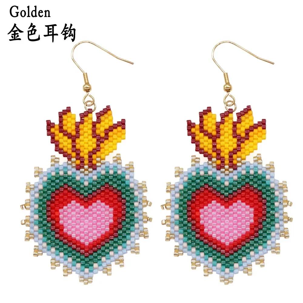 

Bohemia Alloy Heart-Shaped Earrings with Leopard Print Gradient Color Hand Knitting Design Fashion Rainbow Beaded Jewelry