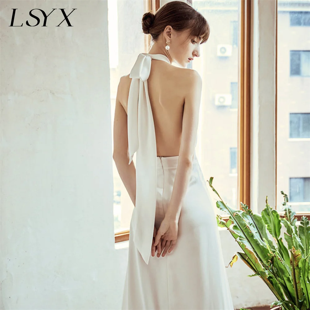 LSYX Customized Halter Sleeveless Elegant A Line Wedding Dress For Women Pleated Backless Court Train Bridal Gown Simple