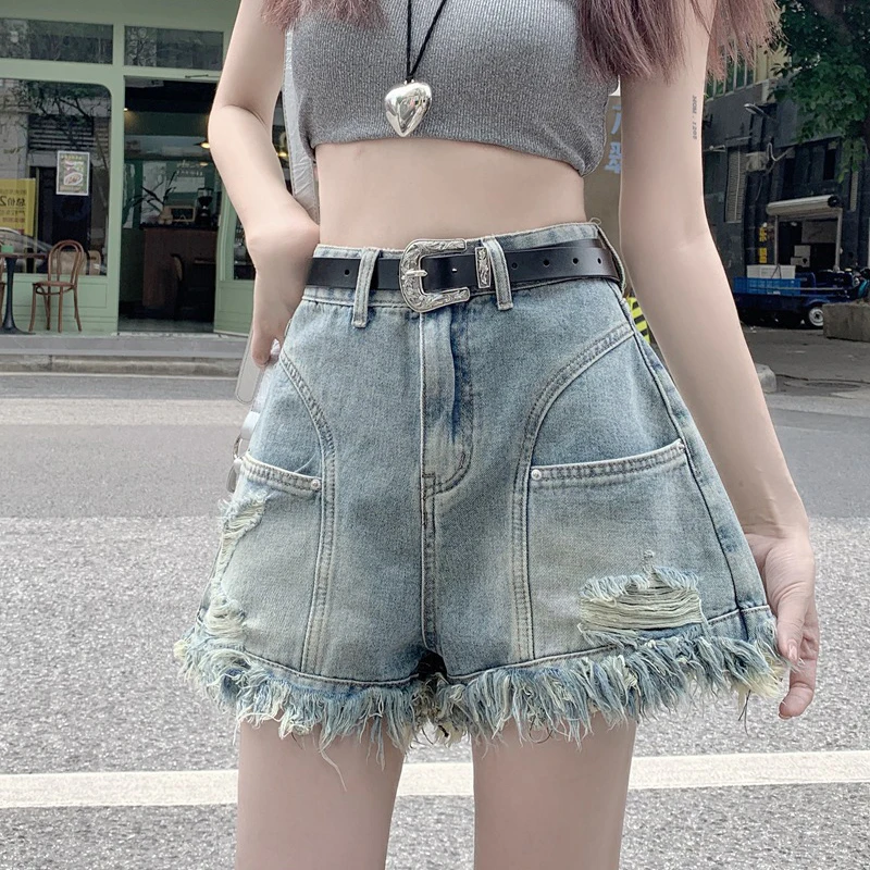 

Джинсовые шорты с высокой талией для девочек, городские шорты грушевидной формы, модные летние женские карманы из мешковины с дырками