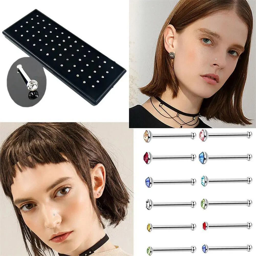 NEW 60PCS/Box 1.8mm Colorful Various Shape Diamond Embedded Stainless Steel Nose Nail For Women Body Piercing Jewelry Gift