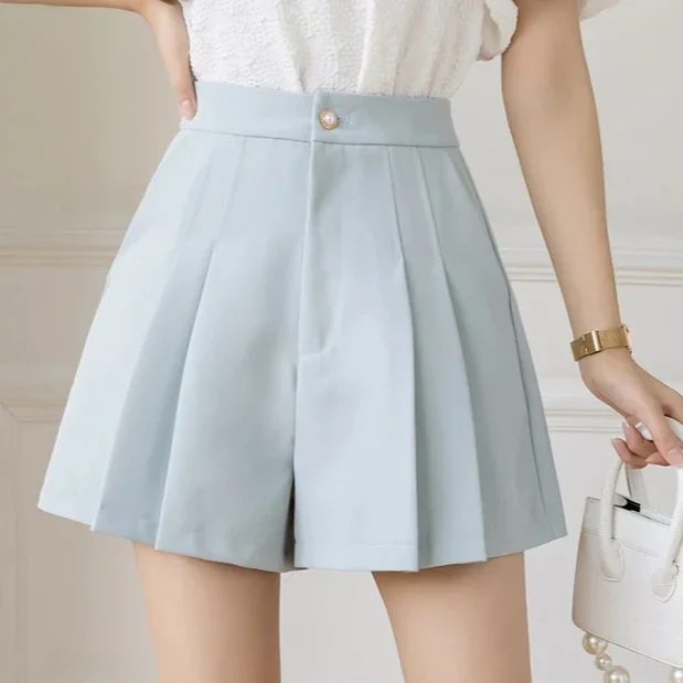 

High Waist Women's Pleated Shorts 2025 Summer Elegant Solid Color Pockets Office Lady Style Casual Short Pants Female