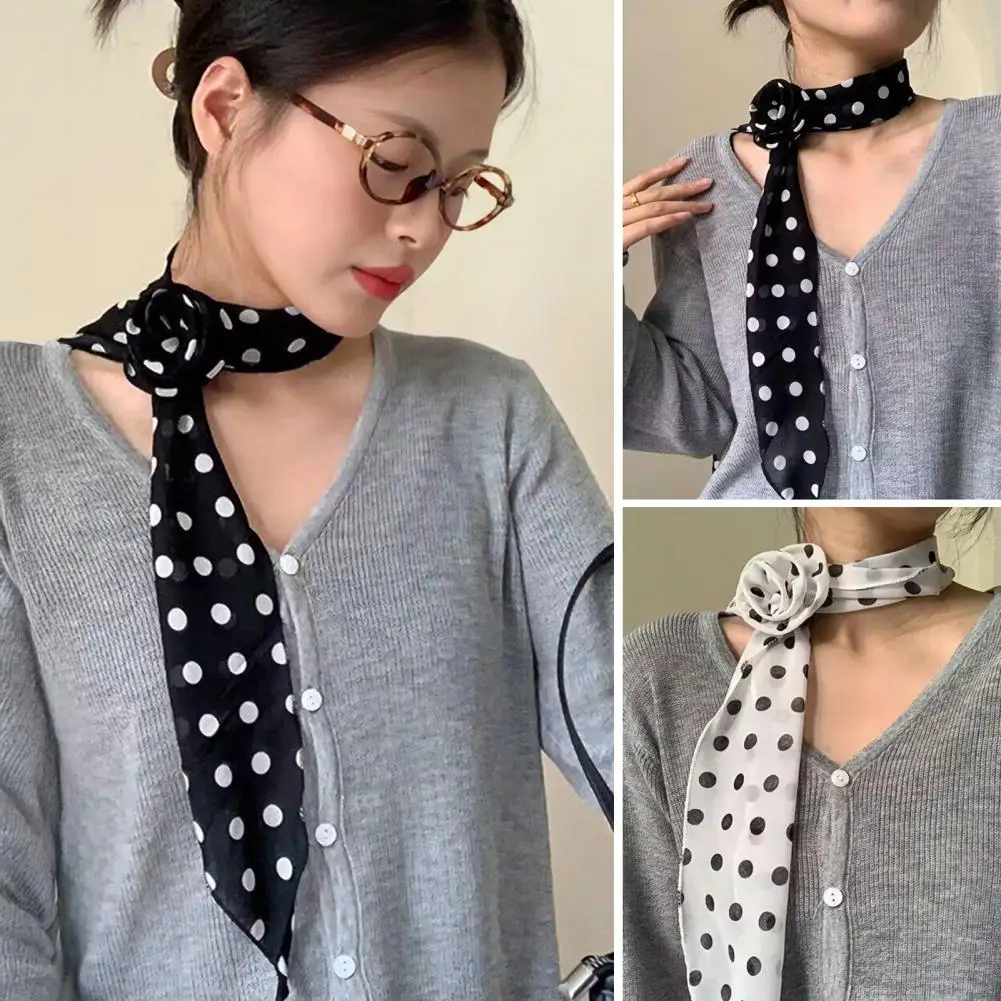 Satin Scarf with Rose Decoration Satin Neckwear with 3d Rose Decoration Vintage Rose Flower Chiffon Sheer Scarf for Women