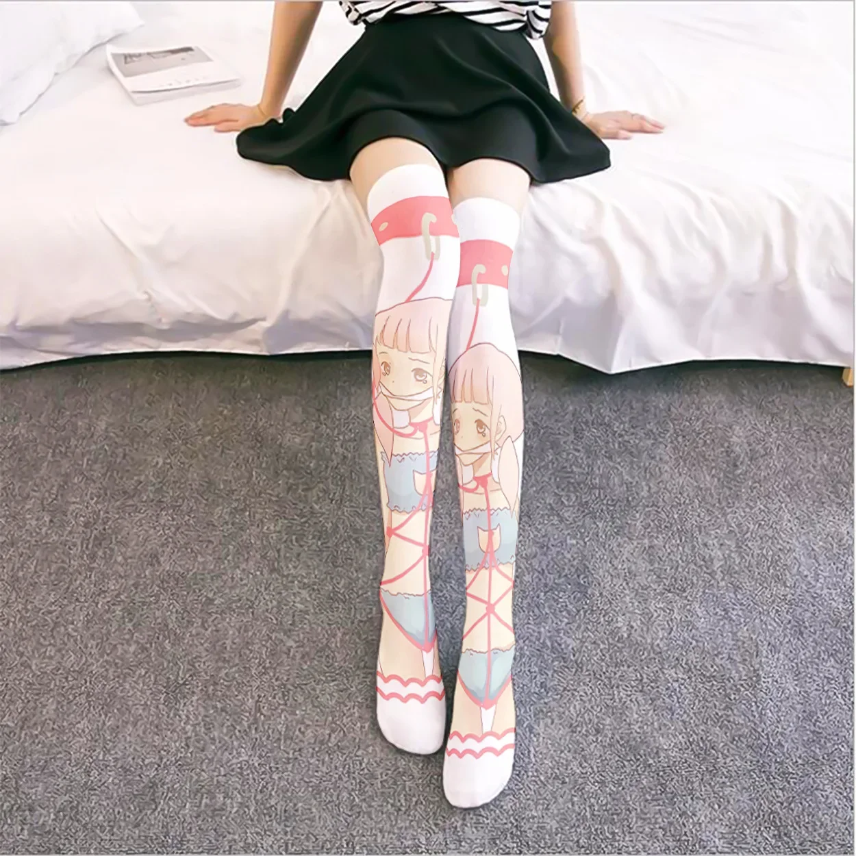 

Cute Girl Printed Silk Socks Thin Spring and Autumn Japanese Lolita Cute Anime Over Knee Long Tube White Velvet Socks