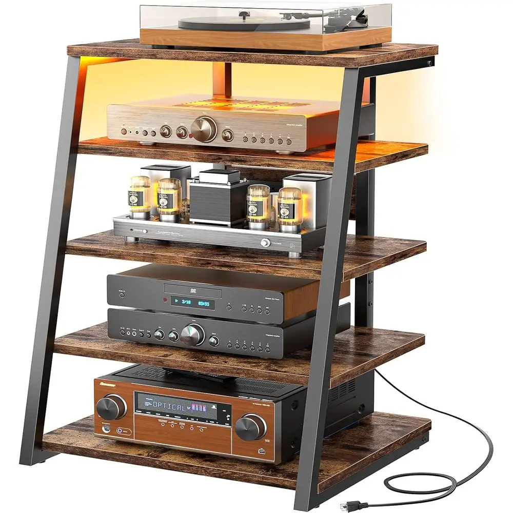 5-Tier AV Media Stand with Power Strips, Media Console with LED Lights, Audio Tower Rack with Adjustable Shelves, Stereo Stands