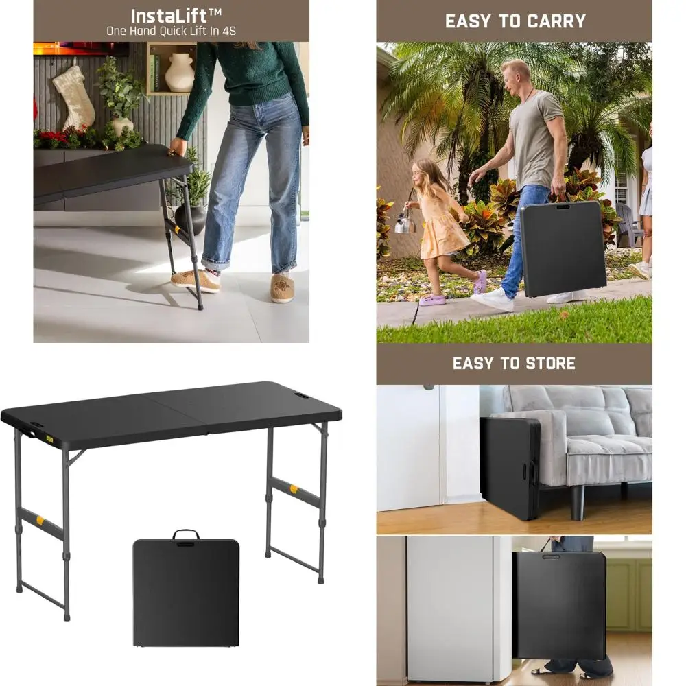 

Портативный складной стол длиной 4 фута, регулировка высоты одной рукой, 4 настройки высоты, гравитационный замок, ручка для переноски, сверхмощный выход в помещении