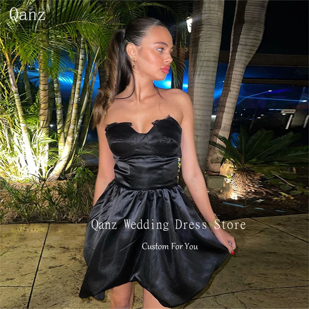 

Qanz Short Vestidos De Fiesta Elegantes 2024 Sweetheart Mini A Line Homecoming Dresses Black Satin Sexy Cocktail Dresses Plus