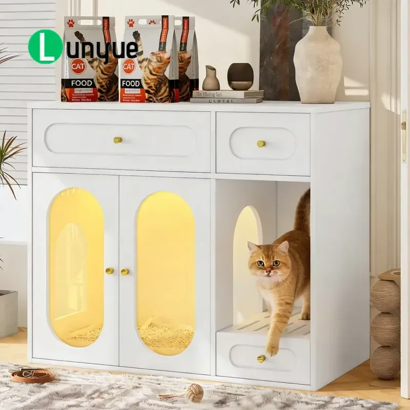Hidden Cat Litter Box Cabinet Furniture with LED Light Acrylic Door Modern Enclosed Kitty Toilet House for Home Living Room