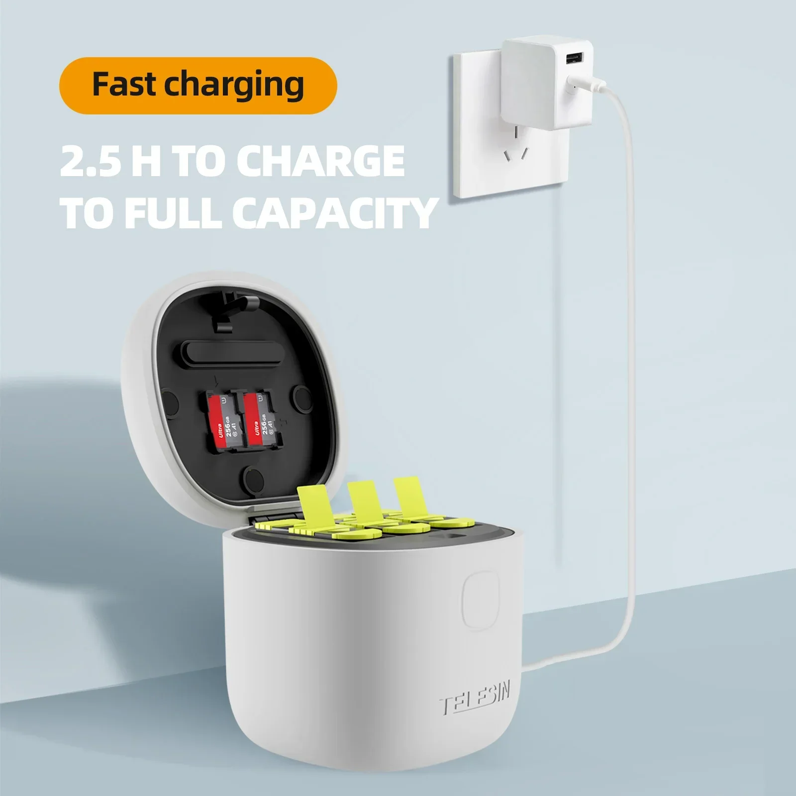 مجموعة بطاريات صندوق شحن سريع من TELESIN لشاحن Gopro Hero12 11 10 9 الكل في واحد مع ملحقات تخزين قارئ TF Gopro