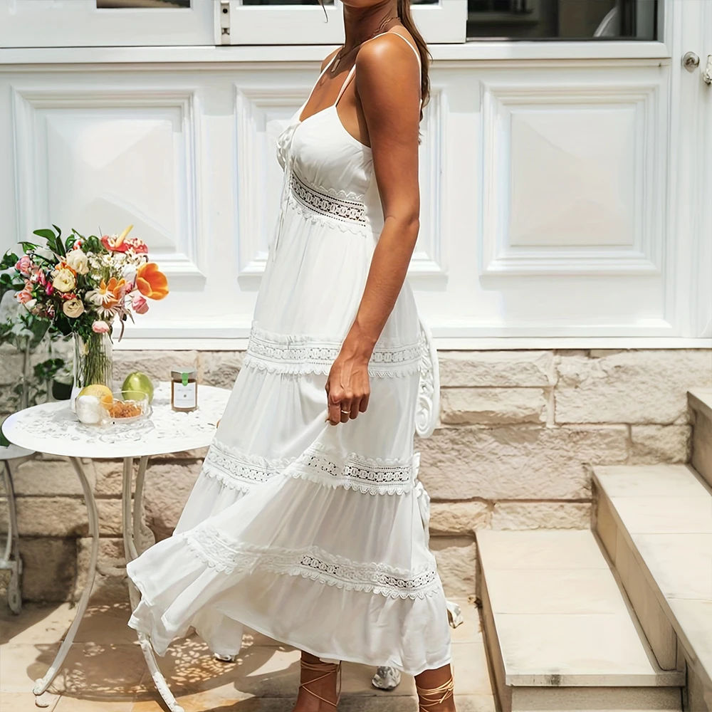 Damska solidna Boho z paskami koronkowa plaża wakacje długa sukienka maxi letnia damska bez rękawów wakacje codzienna sukienka letnia rozmiar S-2XL