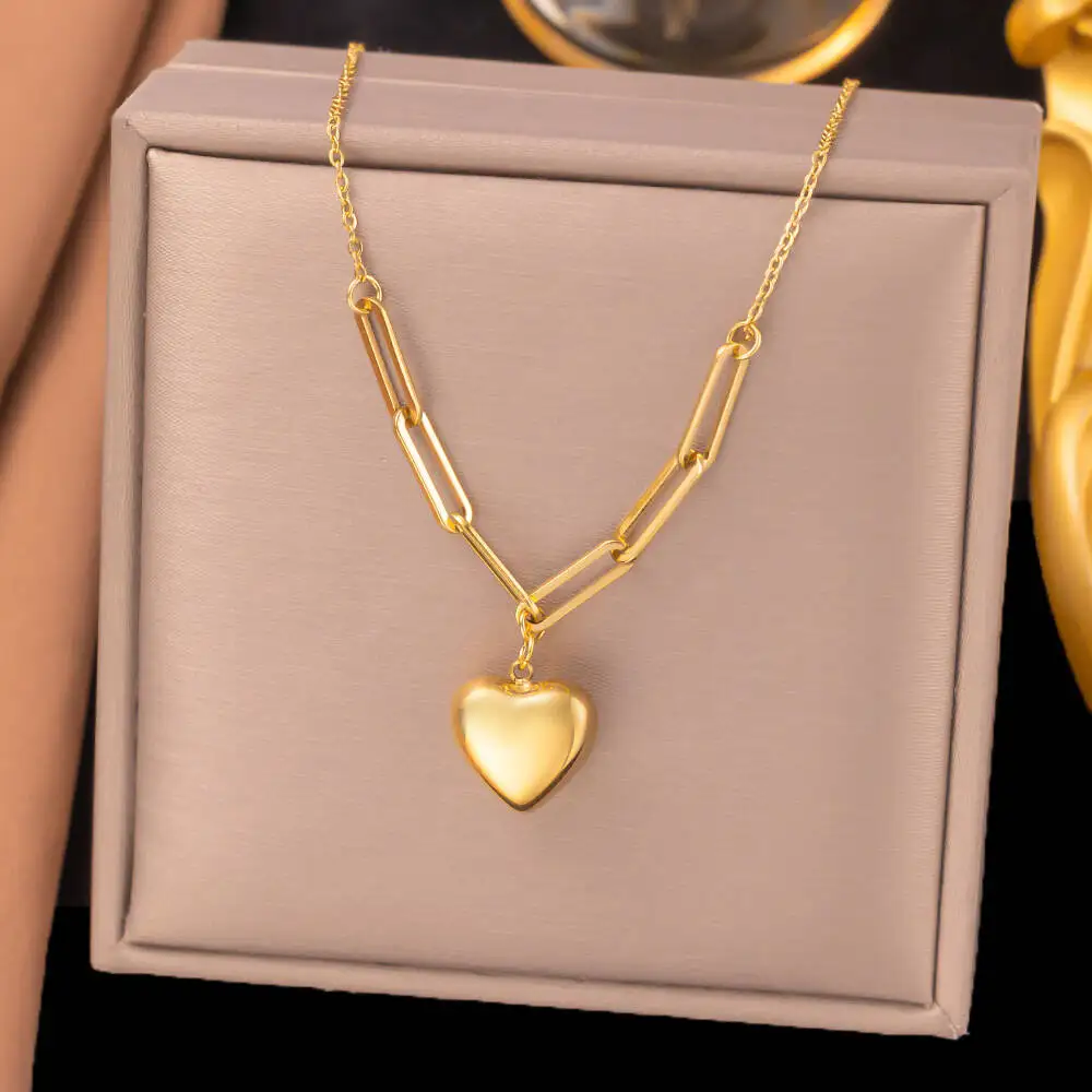 3D Puffy Heart Jewelry Set 18K Gold Plated Titanium Steel Necklace Bracelet  Earrings For Women Minimalist Waterproof Love Gift