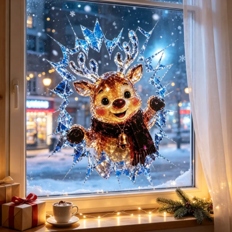 Christmas 3d Break Through Window Sticker Reusable Removable Static Decal Santa Snowman For Home Glass Window Xmas Party Decor