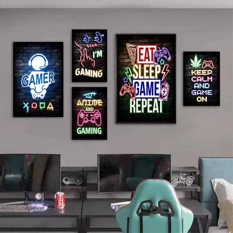 1pc Frameless Canvas Painting Gaming Neon Eat Sleep Game Repeat Canvas Posters Gamer Room Decor Canvas Print Art for Home Esport
