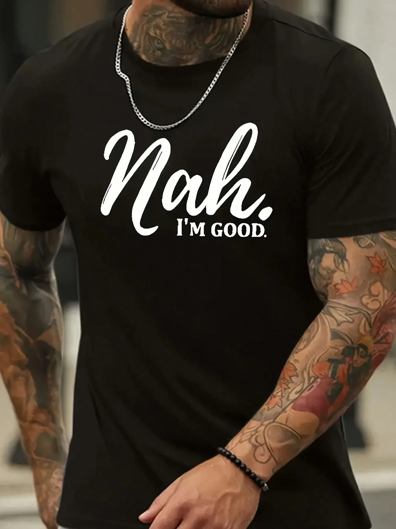

Mens Nah Im Good Graphic T-Shirt Black Cotton Short Sleeve Round Neck Casual Style Machine Washable Ideal for Summer