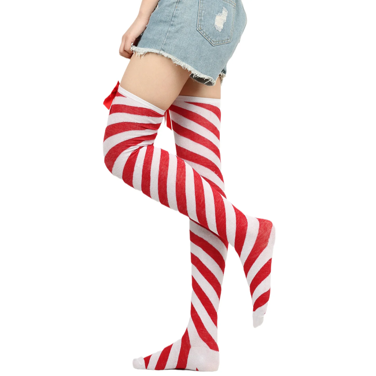 

Over Above Knee Socks Striped Womens Winter Christmas Stocking Bow Ladies Girls Long Socks Cotton Thigh High Socks Female