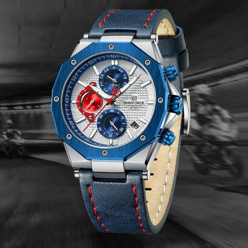 Luksusowe zegarki NAVIFORCE dla mężczyzn moda skórzany pasek wojskowy wodoodporny Sport Chronograph zegarek kwarcowy zegar z datą