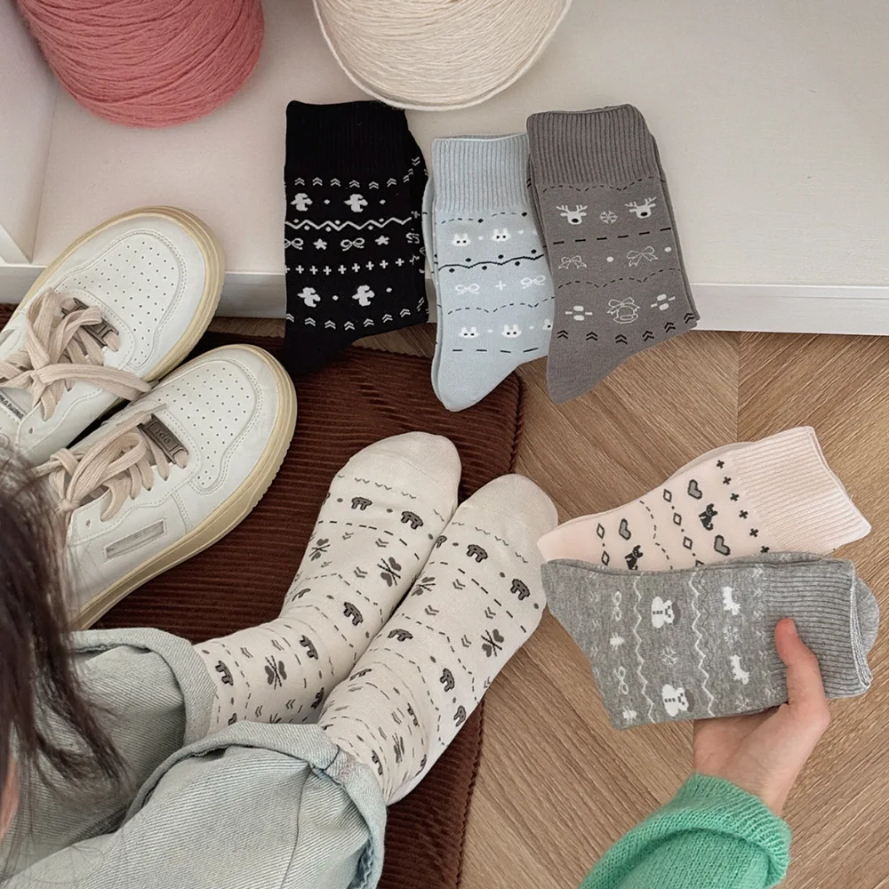 

Художественные женские носки в стиле ретро на весну и осень, милые хлопковые дышащие носки с кавайным узором, средние носки-трубы, студенческие носки в студенческом стиле