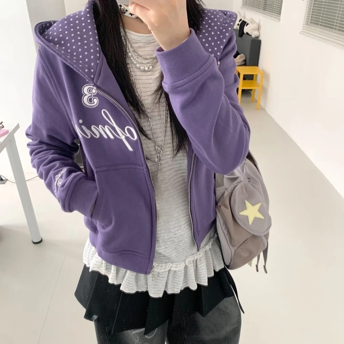 سترة نسائية بقلنسوة بتصميم كلاسيكي أمريكي كاجوال بأكمام طويلة معطف على شكل نجمة لطيف ملابس خارجية يابانية حلوة ملابس خروج عتيقة #1