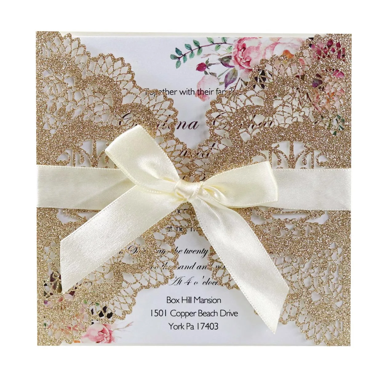 80/50 مجموعات الذهب بريق ورقة مربع الجوف بطاقة دعوة الزفاف 15X15cm حفلة خطوبة أوروبية رسائل دعوة AK-HK-5