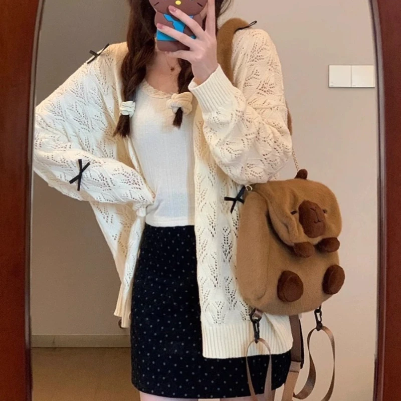 Deeptown Coquette kardigan sweter wanita Kawaii busur Hollow Out atasan rajut Mode Korea manis Preppy lucu estetika Solid