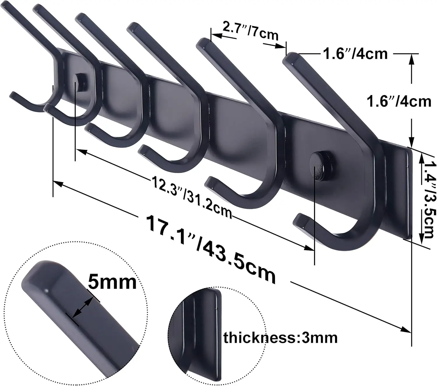 Wall Mounted Coat Rack with 6 Dual Hooks, Heavy Duty Metal Hook Rail for Hanging Coats Jackets Purses in Entryway, Black