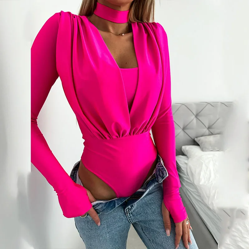 Vrouwen Fashion Solid Bodysuit Rompertjes Zomer Elegante Lange Mouwen Slim Jumpsuits Dames Sexy Commuter Alle-Match Geplooide Speelpakjes