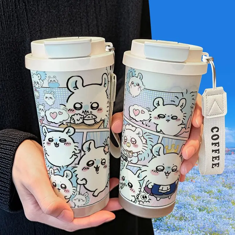 Cute Chiikawa Momonga Water Bottle 316 Stainless Steel Large Capacity Straw Lid Car Cup Holder Dual Drink Coffee Mug Gift