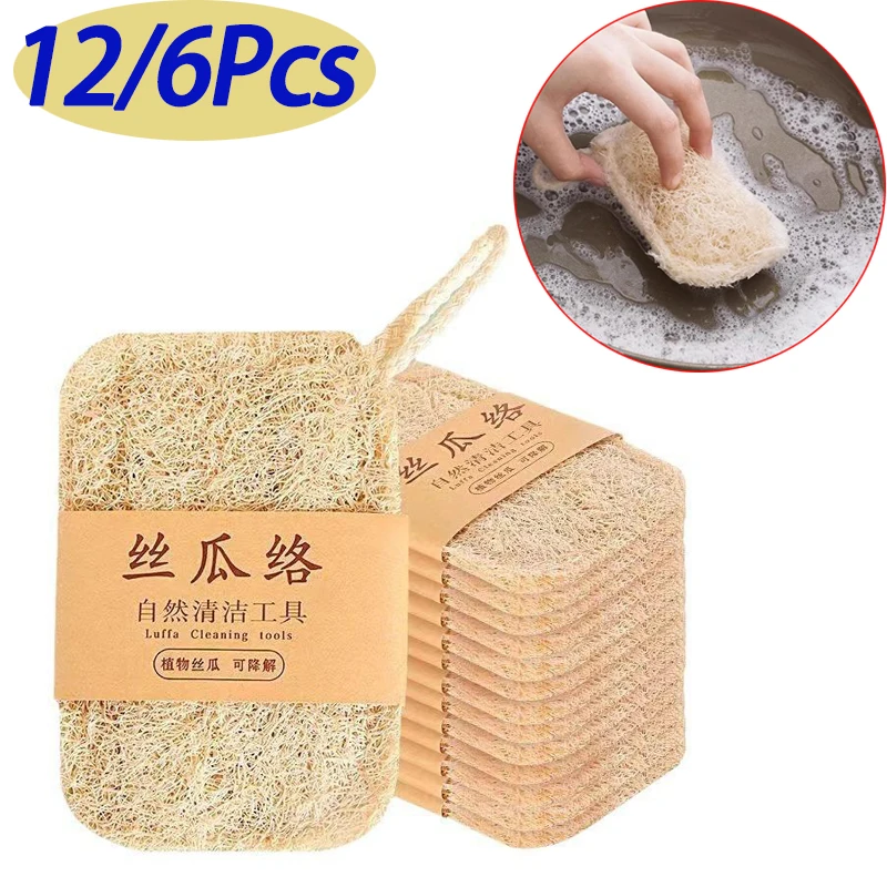 12/6 piezas Esponja de Luffa Natural para Lavar Platos, Paño de Limpieza, Estropajo para Eliminar Manchas de Aceite en Ollas y Sartenes, Cepillos de Limpieza para Cocina