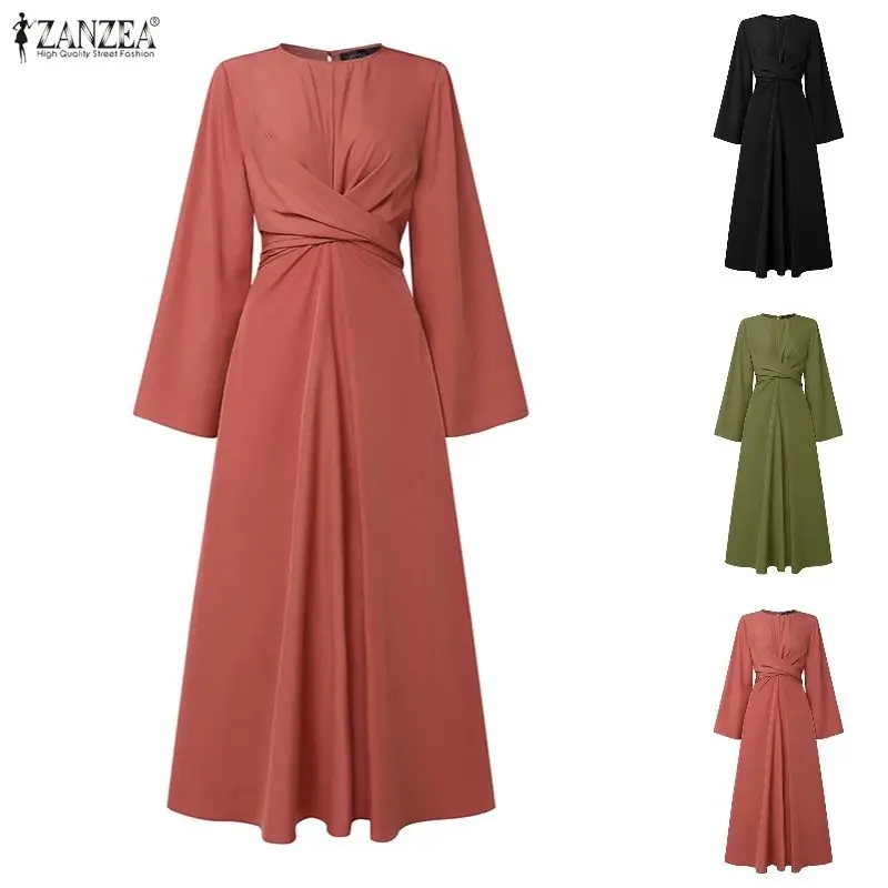 

Ramadan Muslim Abaya Hijab Dress ZANZEA Women Elegant Long Sleeve Solid Pleated Sundress Robe Femme IsIamic Clothing Kaftan Eid
