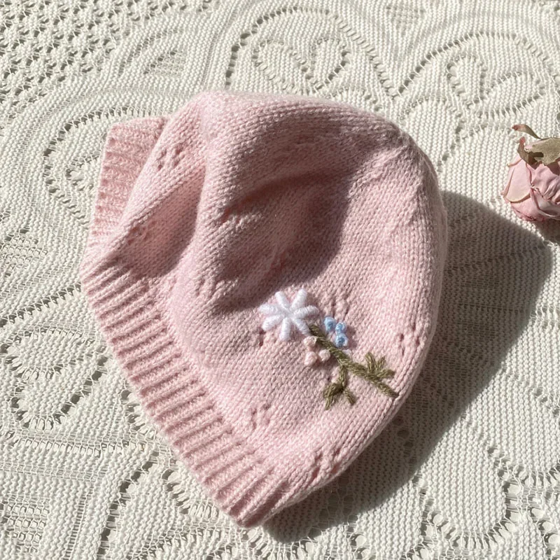 2024 New Autumn Winter Toddler Baby Girl Knitted Romper+Hat Long Sleeved Flower Embroidery Infant Baby Knitted Jumpsuit
