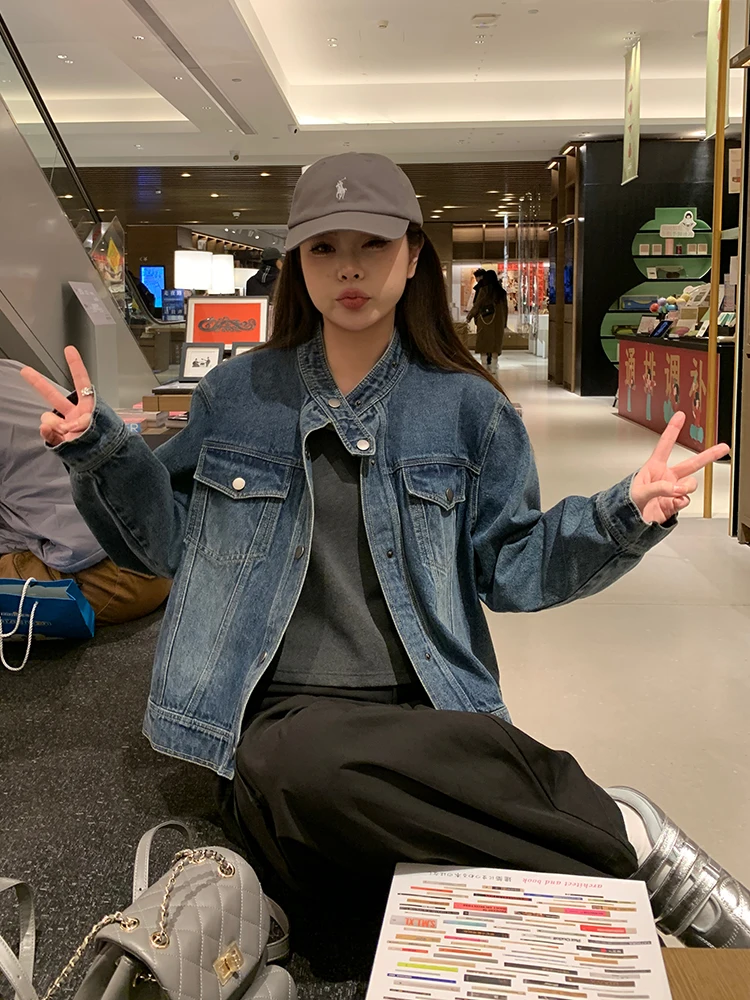 

NAZ plus Size Korean Sle Design Slim Fit Stand Collar Retro Denim Jaet Women's Faion Autumn New Arrival Cotton Polyeste...