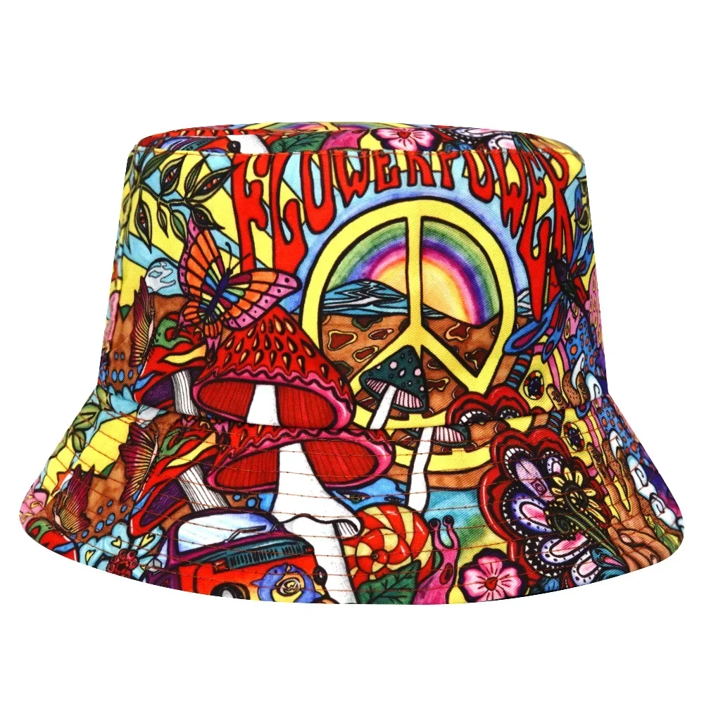 Summer Sun Protection Bucket Hat for Men Women Panama Cap Print Hip Hop Gorros Fishing Fisherman Hat Double Side Wear Fashion