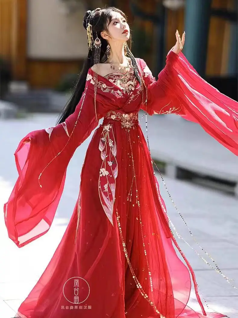 

Red Hanfu Dress Exquisite Embroidery & Flowing Sleeves Traditional Chinese Ancient Style Costume Women Cosplay Costume Dress