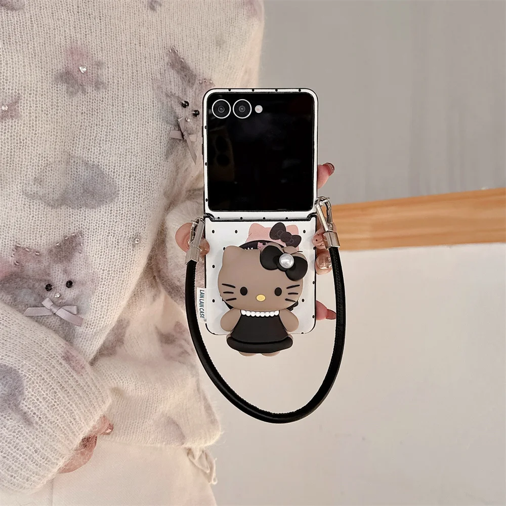 

Stylish Leather Polka Dot Magnetic Phone case for Samsung Galaxy Z Flip7 Flip5 6 flip6 7FE Cover With 3D Hellokitty Holder Cases