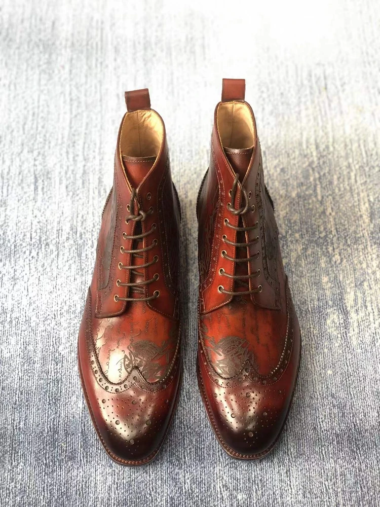 cie Laser Design Boot Hand-Painted Full Grain Calf Leather Patina Redish-Brown Handmade Leather Out-sole Ankle Boots MA10