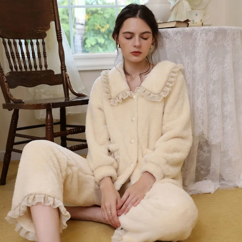 Loungewear Coral Fleece Thick Pajamas Women New 2024 Fall Winter Sleep Clothes Palace-style Famale Warm High-end Homewear Set