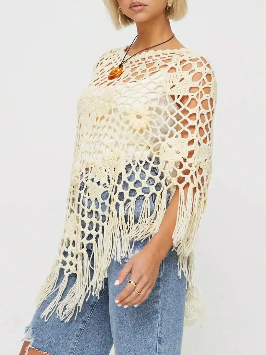 

Women Boho Crochet Fringe Poncho Hollow Out Asymmetrical See Through Shawl Summer Beach Cover Up