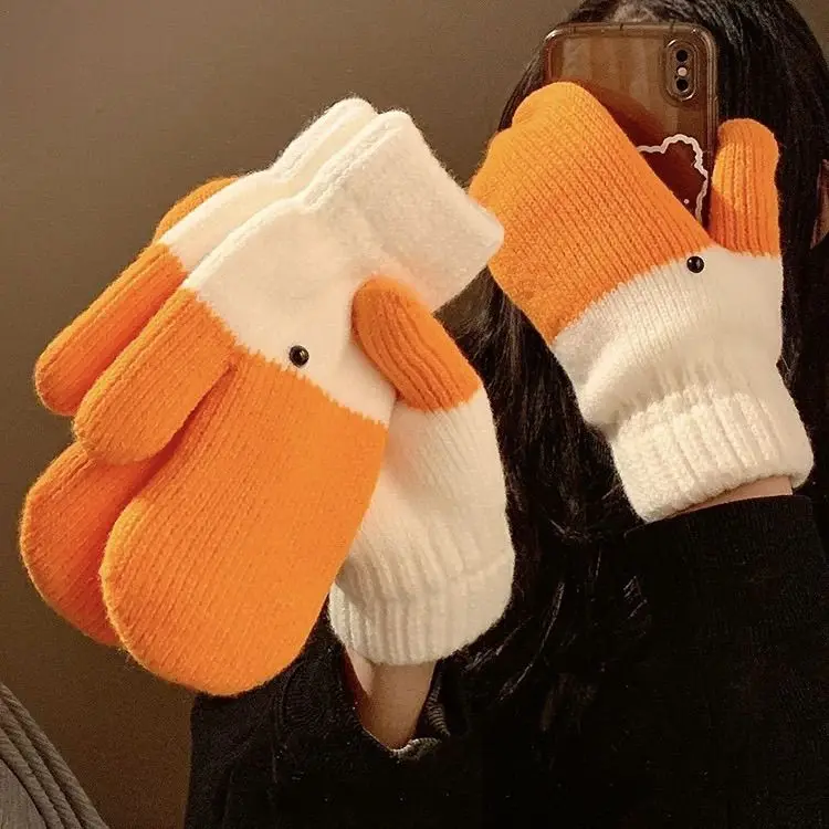 Autumn Winter Cold Resistant Warm Gloves Three-dimensional Goose Full Finger Gloves Hand Knitted Connected Fingers Swan Gloves