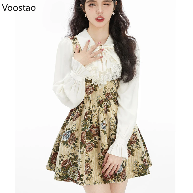 

Autumn Vintage Floral Print Dress Set Women Elegant Bow Long Sleeve Blouse Tops Mini Dress Suit Spring Korean Female Party Dress