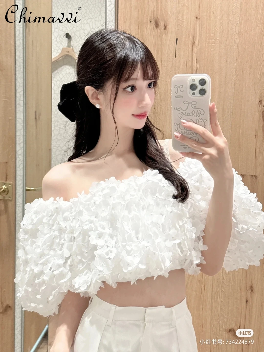 

Japanese Style Three-Dimensional Petals Puff Sleeve High Waist Shirts Sweet Girl Women's White Flower Cropped Top Fairy Blouses