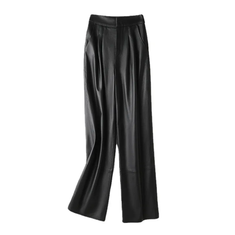 Tao Ting Li Na Women Real Leather Pants Spring and Autumn New High Waist Sheepskin Slim Cuff Straight Pants Wide Leg Pants